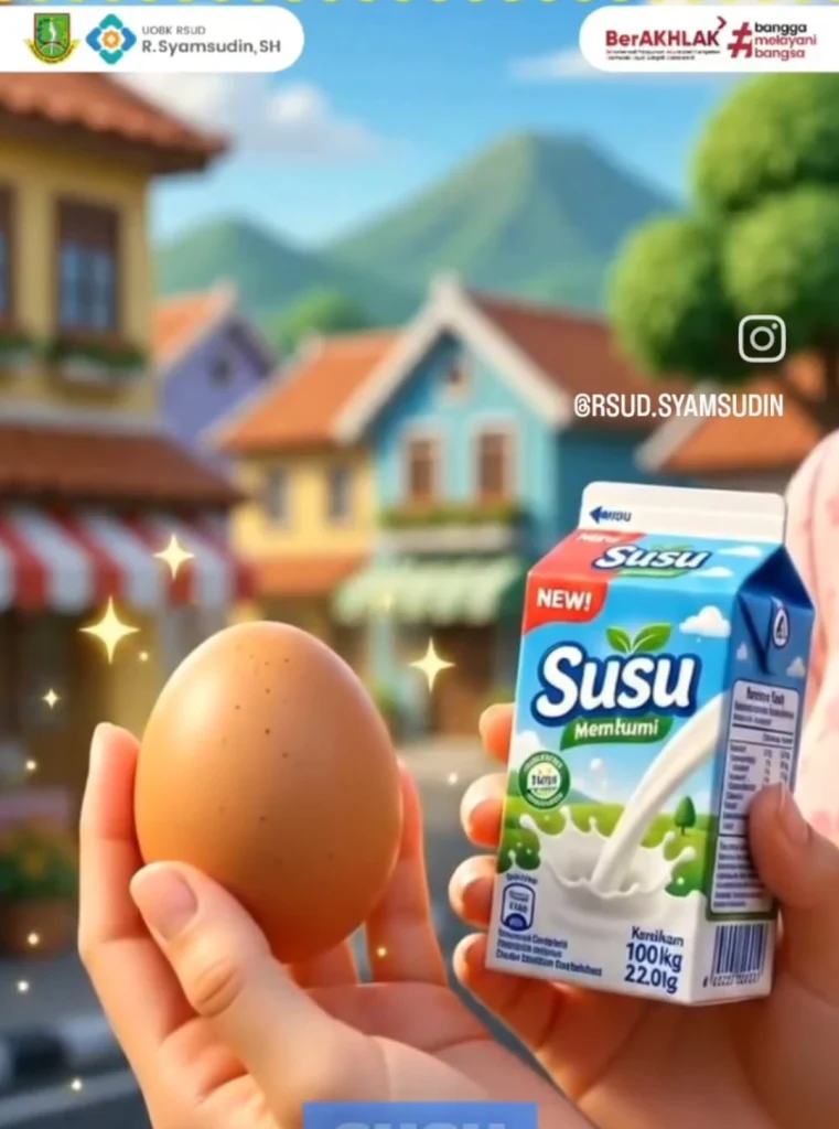 RSUD R. Syamsudin, S.H. (RS Bunut) mengampanyekan gerakan cegah stunting di Kota Sukabumi lewat akun Instagram resmi @rsud.syamsudin dengan imbauan rutin konsumsi telur dan susu. stunting 2