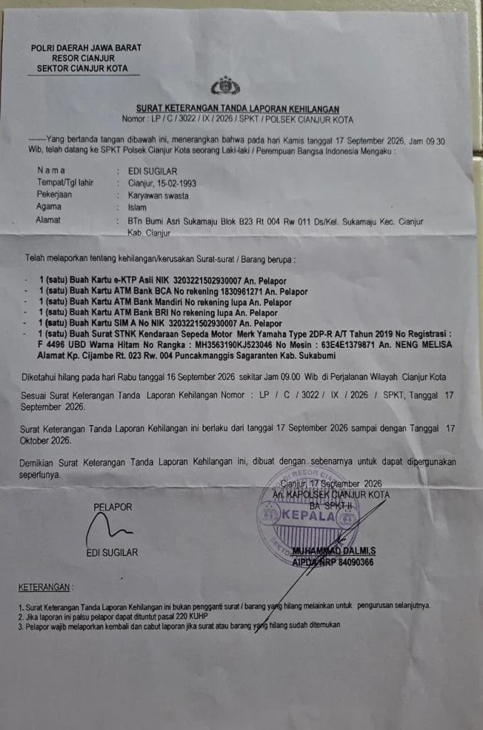 surat kehilangan an edi sugilar