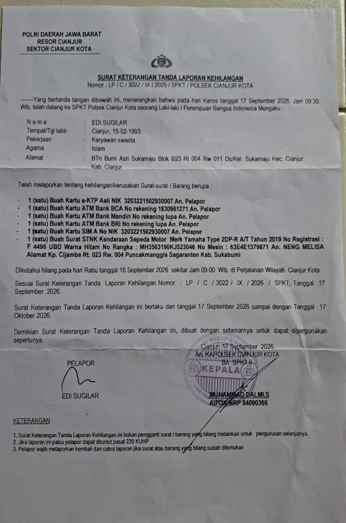 surat kehilangan an edi sugilar